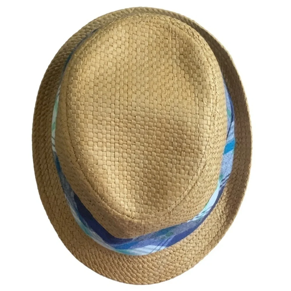 Children’s Place Straw Brown Fedora Hat with Blue Green Plaid Size 12-24 m/m